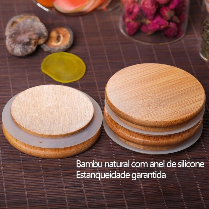 Kit Potes de Vidro com Tampa em Bambu (200ml) Casa Splêndida [Pague 4 Leve 6]