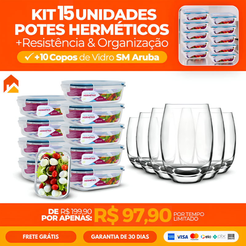 Kit com 15 Potes Herméticos de Vidro + 10 Copos de Vidro Aruba de Brinde 4.9  (319 Ava