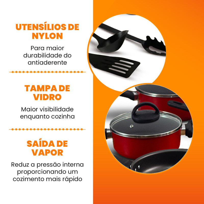 Jogo de Panelas 17 Peças Antiaderente - Brinde Panela Pressão