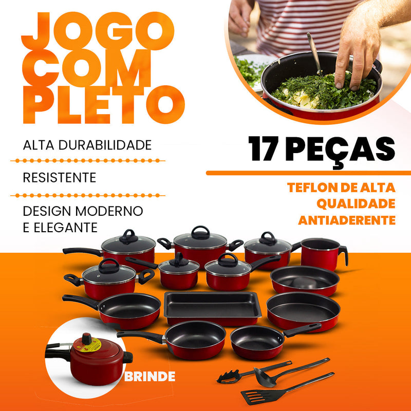 Jogo de Panelas 17 Peças Antiaderente - Brinde Panela Pressão