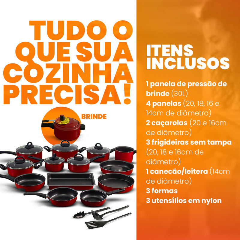 Jogo de Panelas 17 Peças Antiaderente - Brinde Panela Pressão