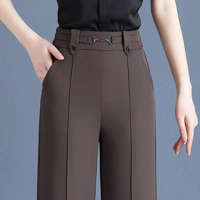 [Pague 3, Leve 5] Calças Femininas Lavina de Cintura Alta com Botões Frontais em Poliéster e Seda Gelo